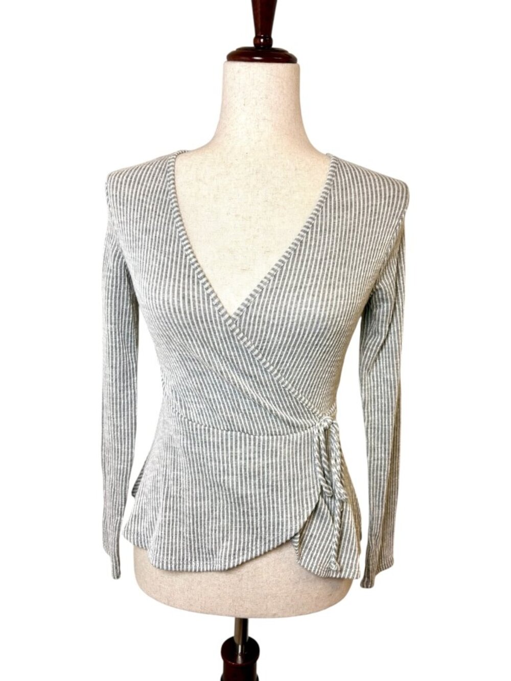 Caution To The Wind Gray White Striped Wrap Top Preppy Minimal Small